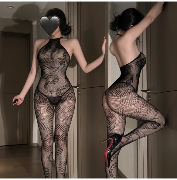 FEE ET MOI - Sheer Snake-Pattern Jacquard Bodystocking (Black)